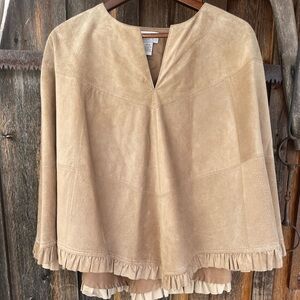 Vintage Ann Taylor Loft Tan Suede Poncho with Ruffle Trim size XS